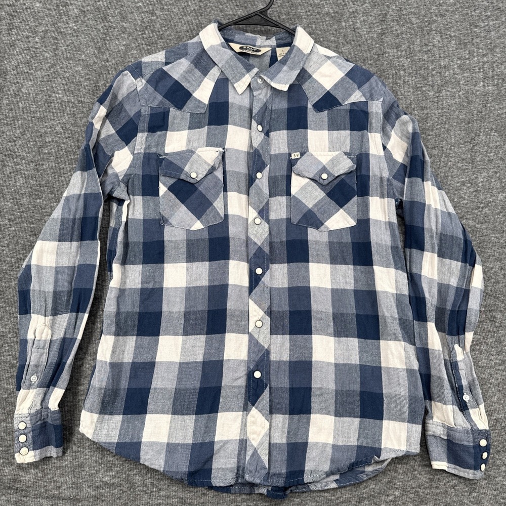Salt Valley Western Flannel Shirt Mens Large Pearl Snap Buffalo Plaid Blue